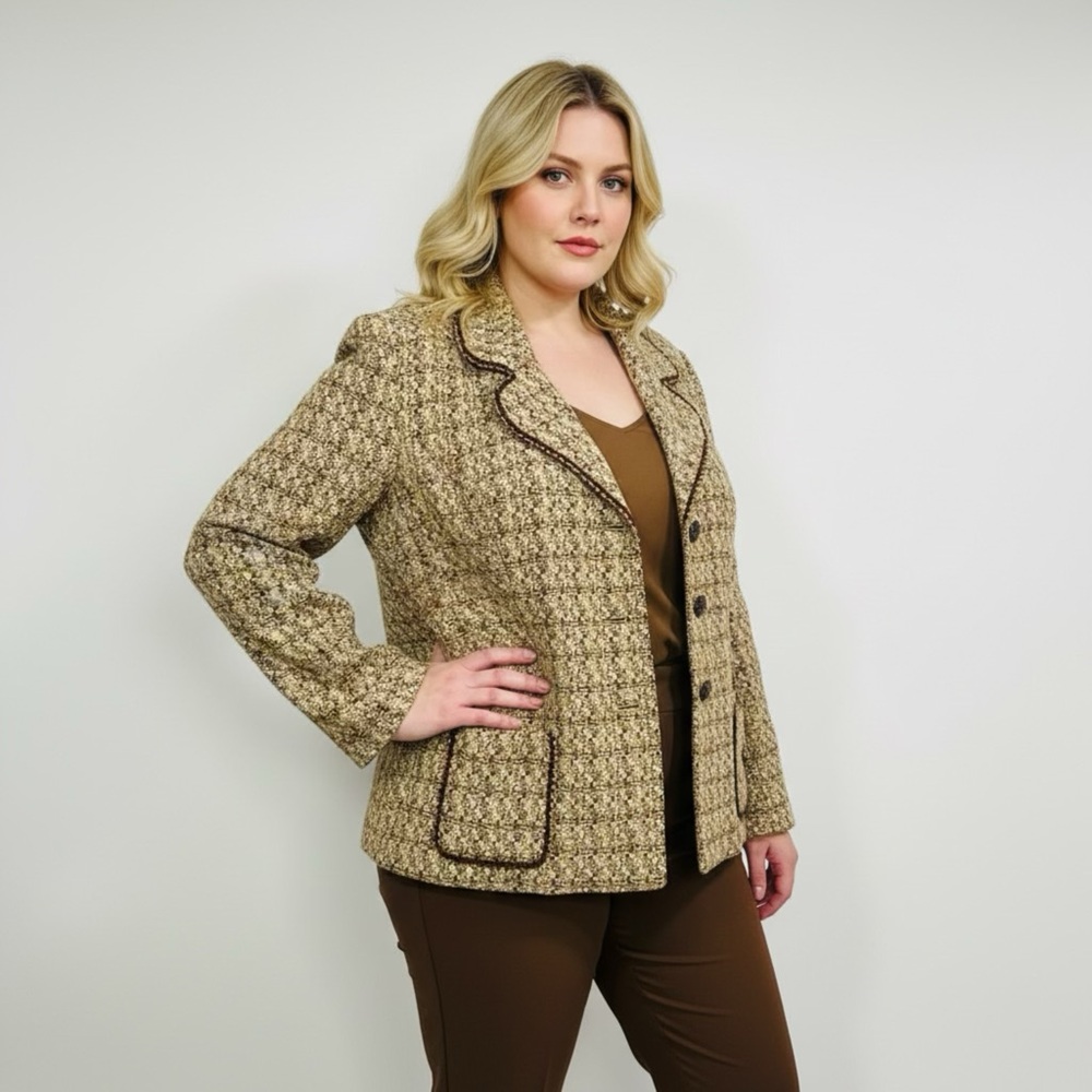 ALFRED DUNNER Vintage Women's Tweed Blazer Beige & Brown size Medium Formal Top